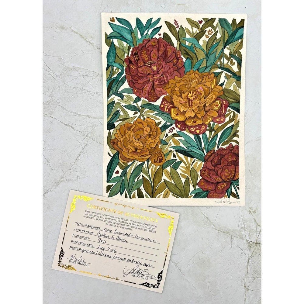 Original Folk Art Floral Painting 9x12 Gouache Peonies Botanical Signed COA CAJ